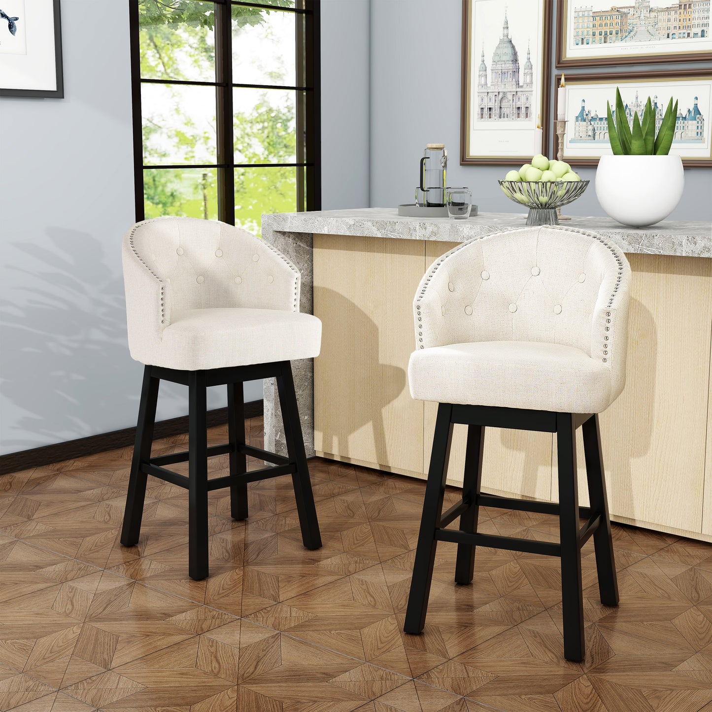 360-Degree Swivel Bar Stool Set of 2 with Nailhead Trim - Beige