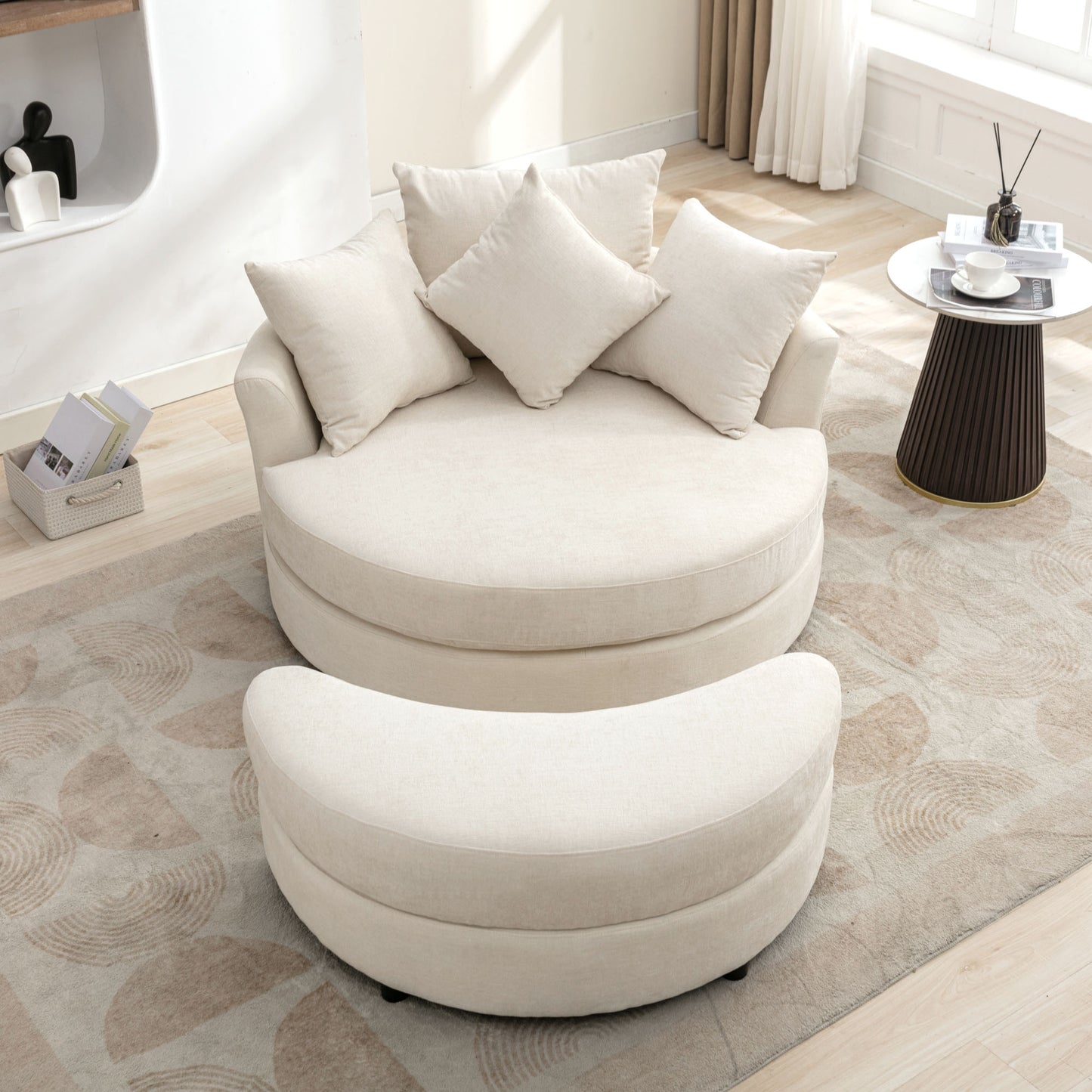 360° Swivel Accent Barrel Chair with Storage Ottoman & 4 Pillows - Cream