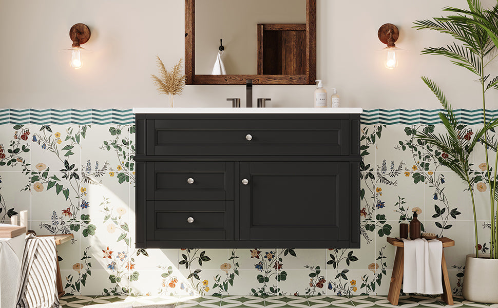 36-Inch Wall Mounted Bathroom Vanity with Ceramic Sink - Black