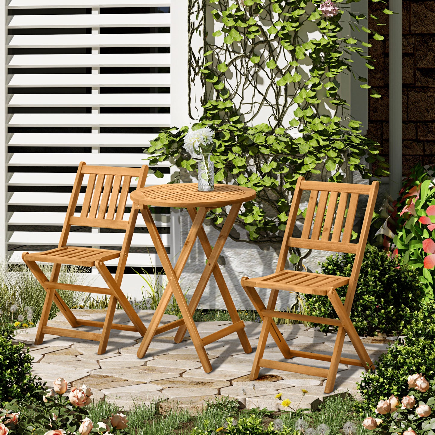 3-Piece Folding Acacia Wood Bistro Set with Chairs & Table