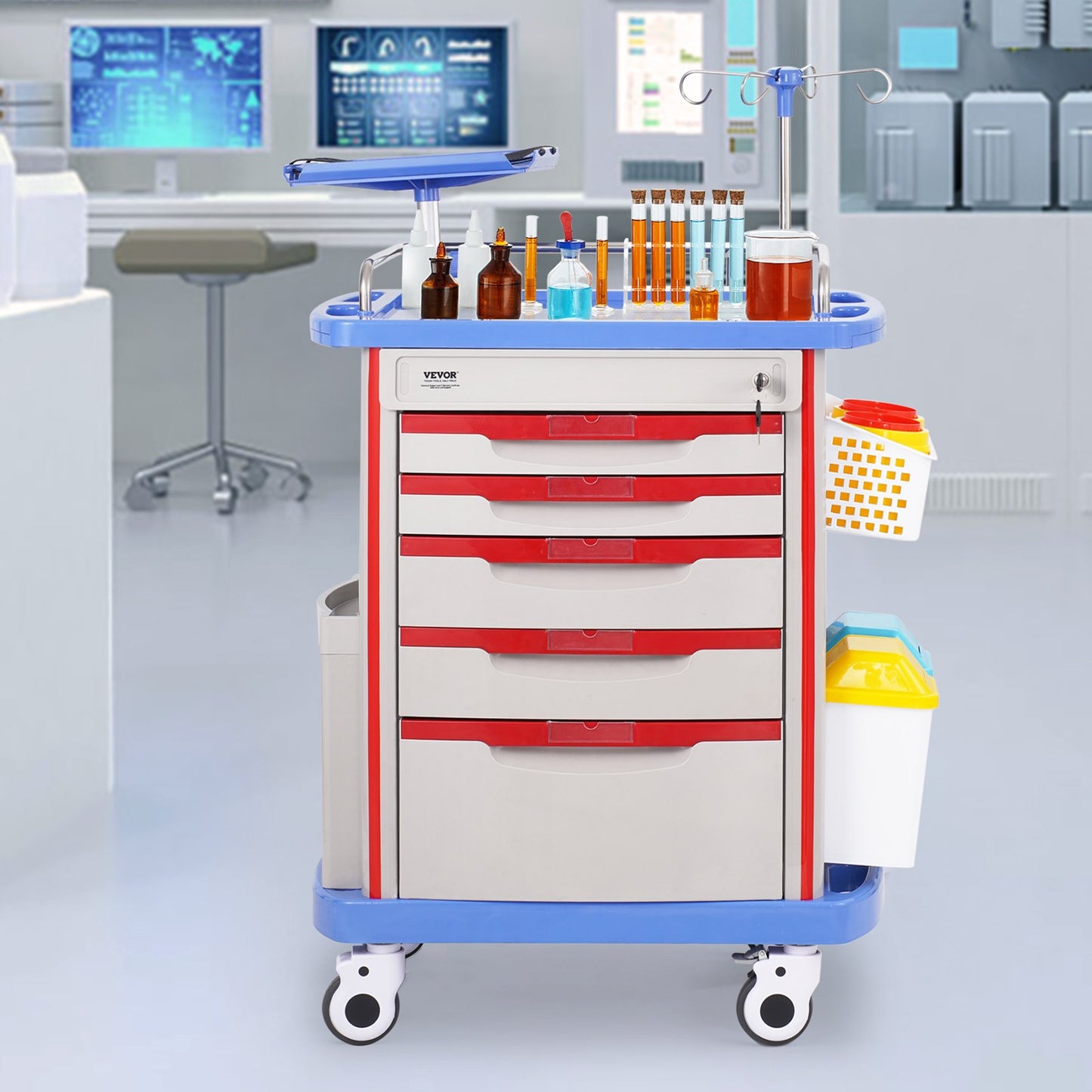 Mobile Medical Cart with 5 Drawers & 2 Trash Cans - Blue