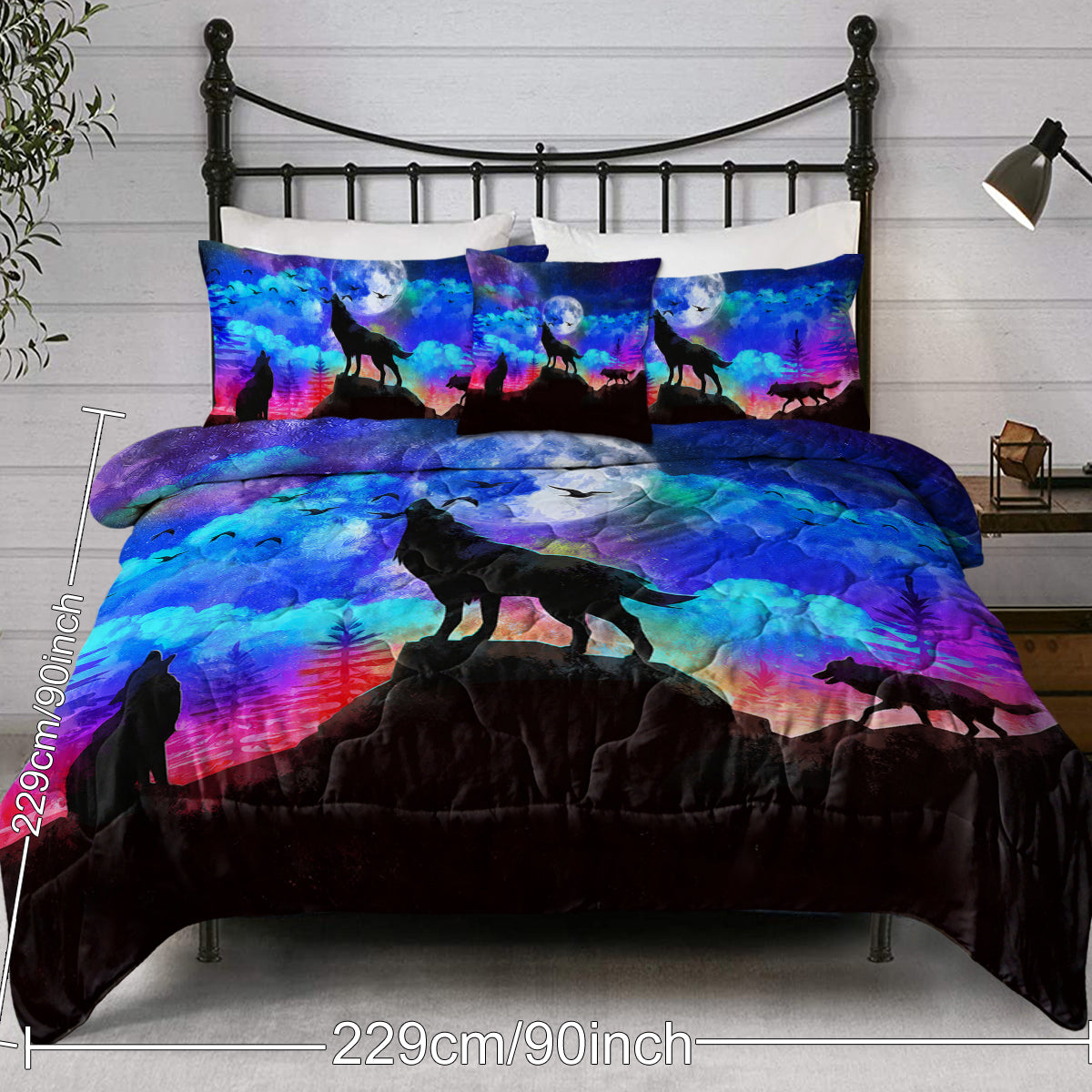 3D Wolf Comforter Set - 4 Piece Bedding Set in Purple & Blue