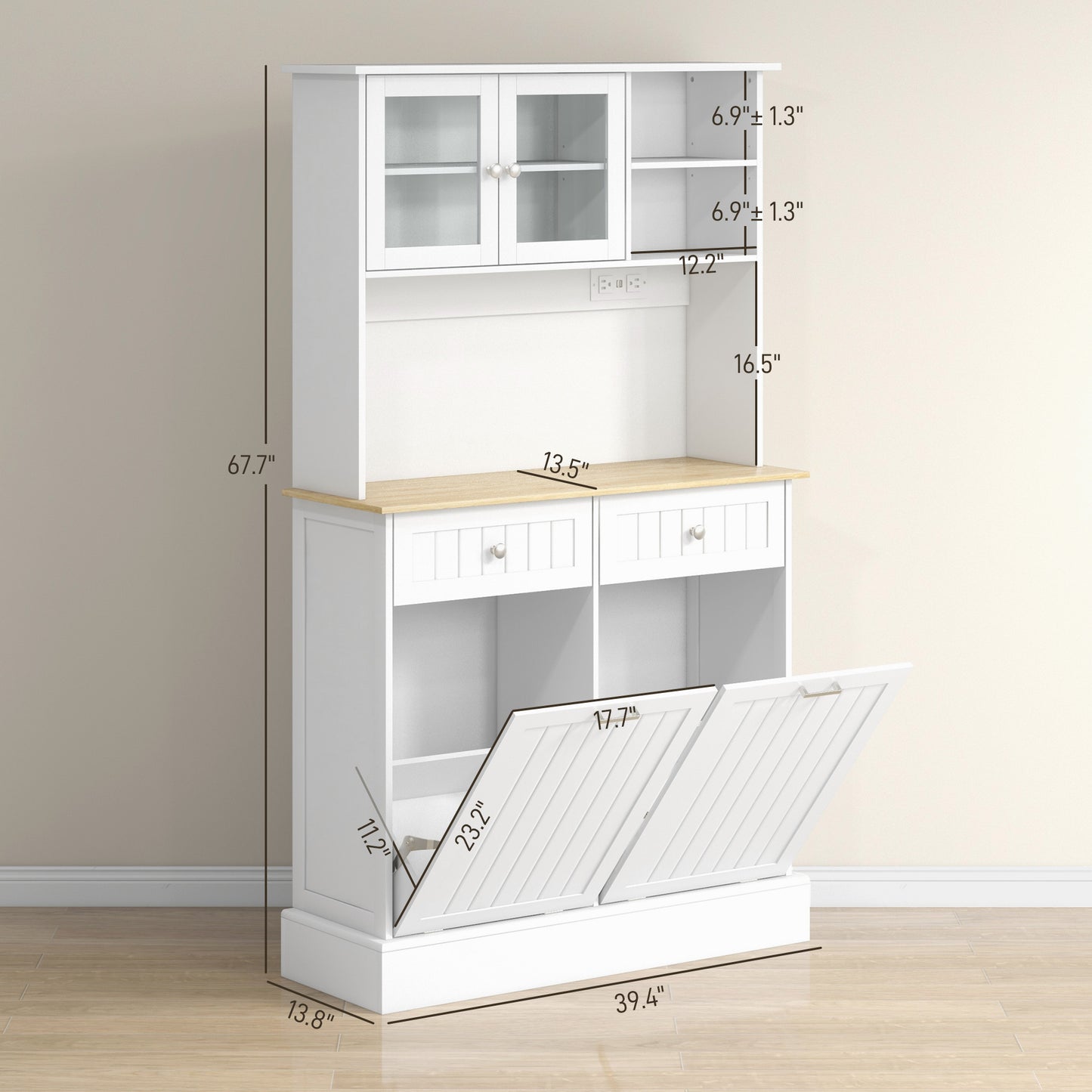 Kitchen Pantry Cabinet with Charging Station & Tilt-Out Cabinets