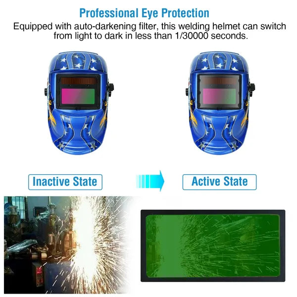 Solar Powered Auto Darkening Welding Helmet with Adjustable Shade 9-13 - Blue