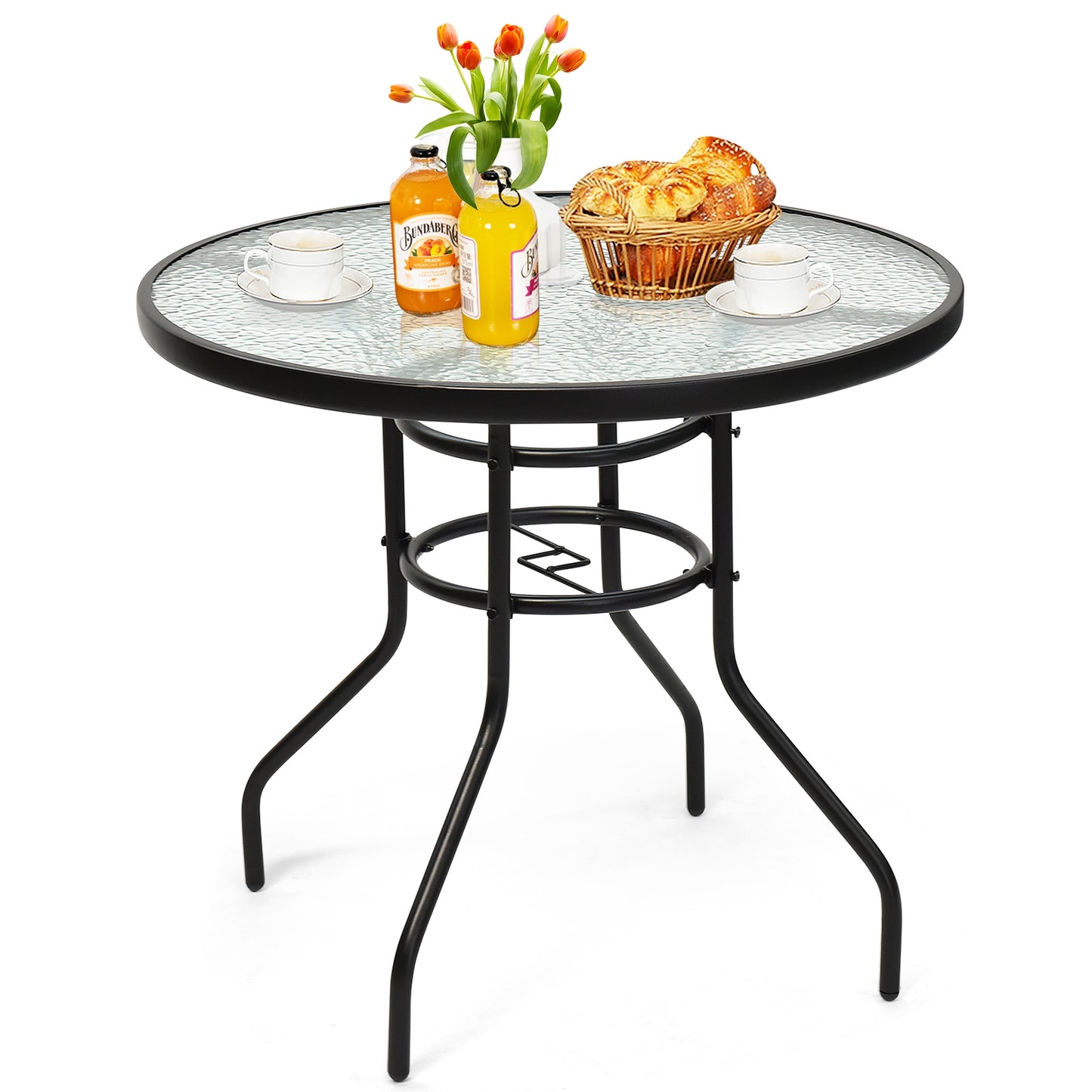 32-Inch Round Outdoor Glass Table with Umbrella Hole