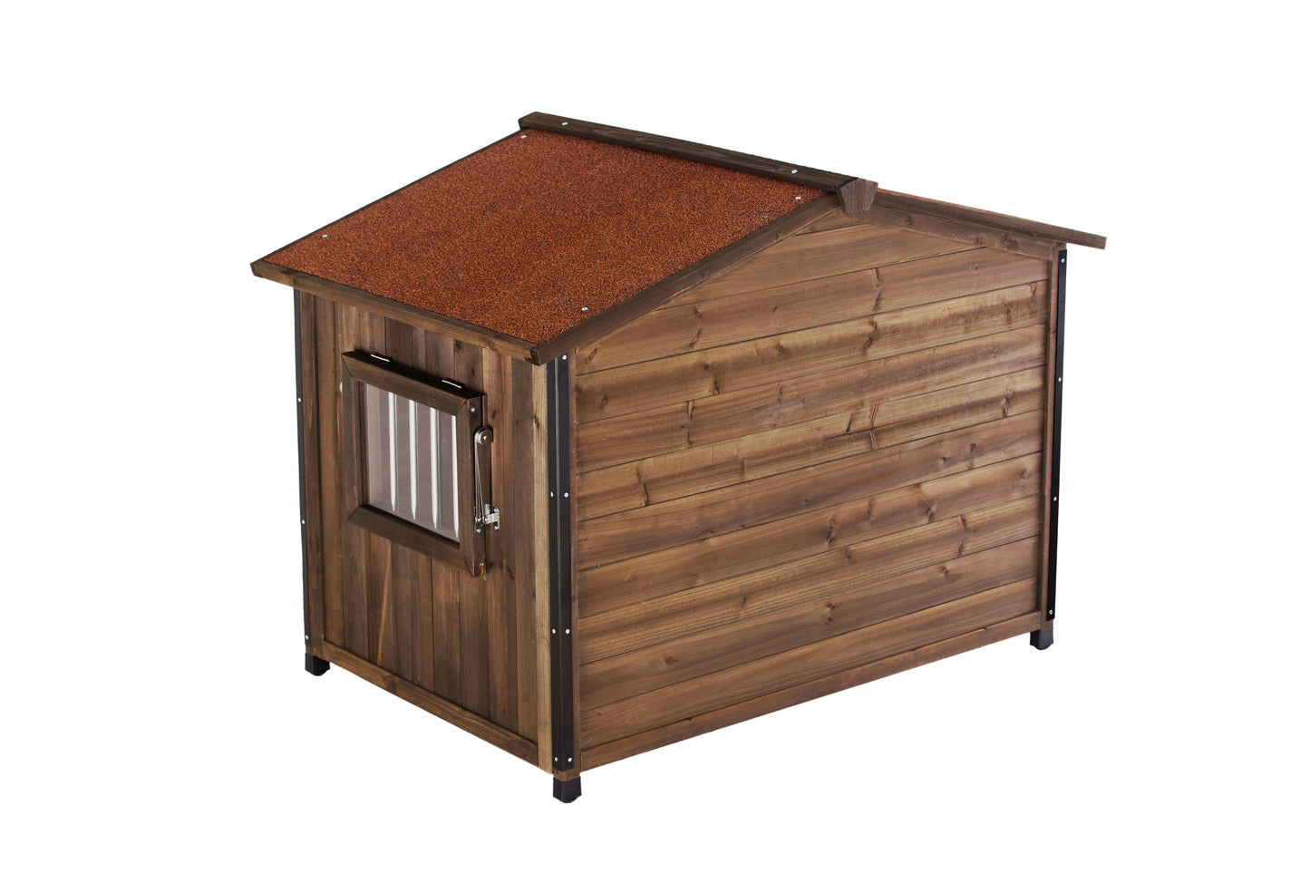 Outdoor Wooden Dog Kennel with Iron Frame and Waterproof Roof - Large
