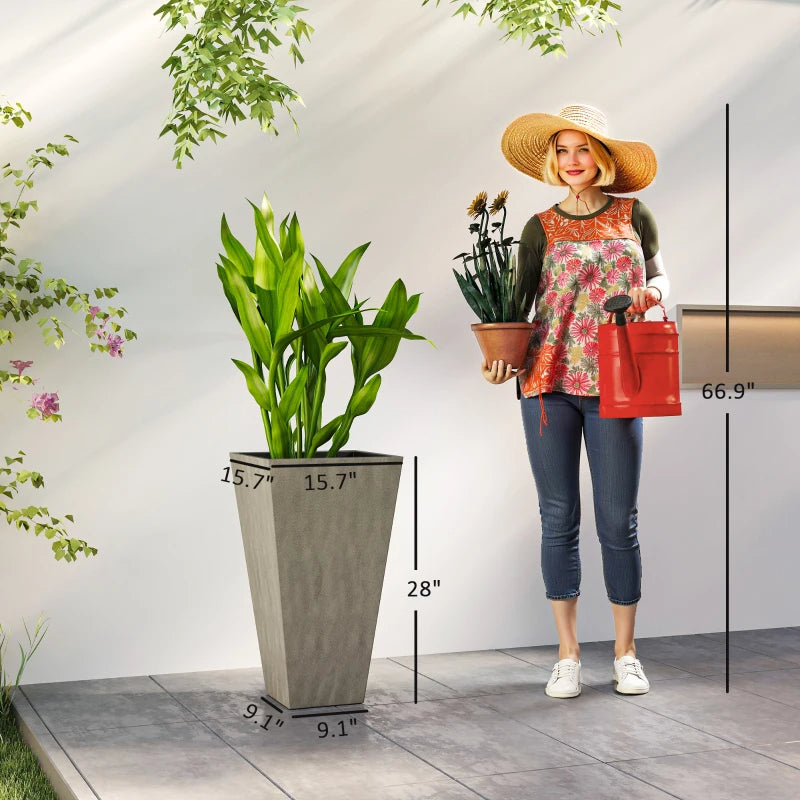 Set of 3 Tall Outdoor & Indoor Planters - 28 Inch Grey Tapered Pots with Drainage