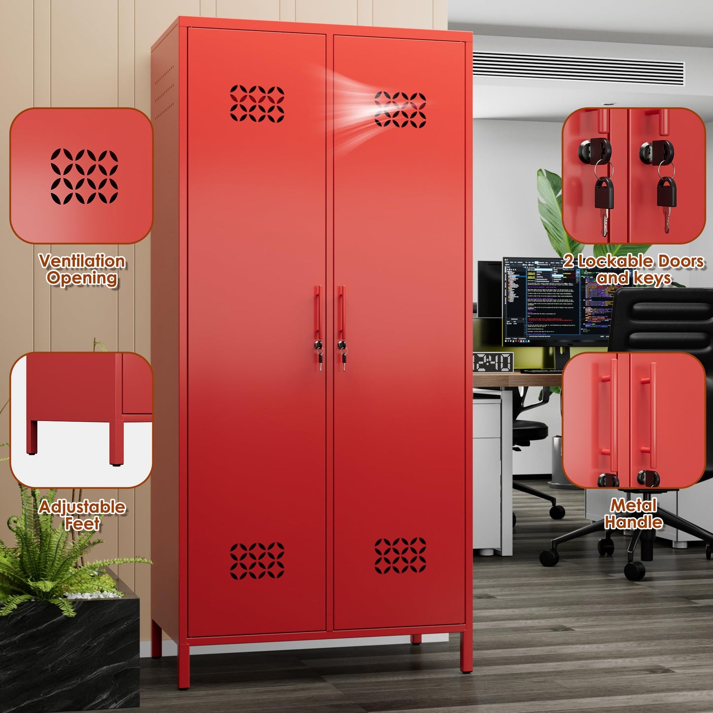 Metal Wardrobe Cabinet with Adjustable Shelves - Red