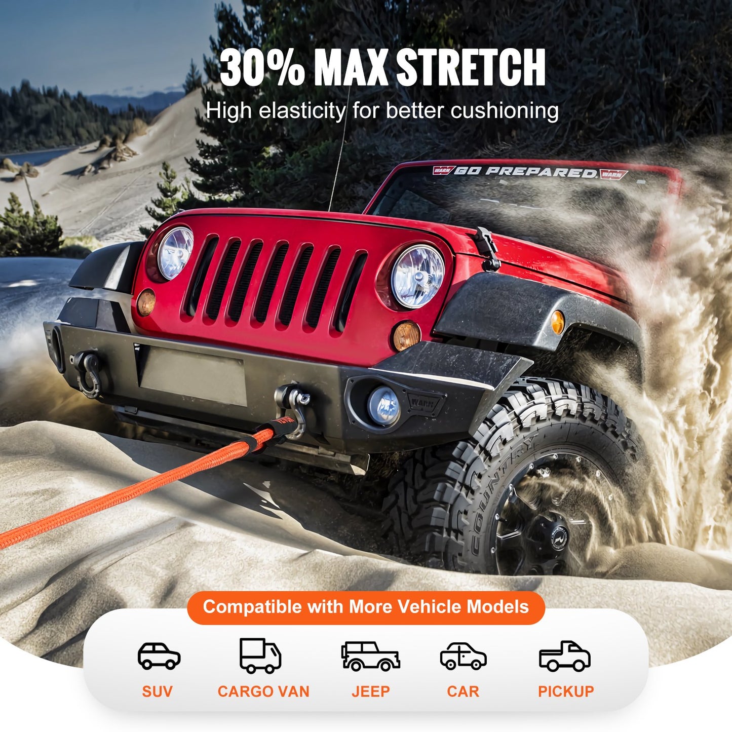 Heavy-Duty 30ft Off-Road Tow Rope 38,000 Lb Recovery Snatch Strap - Orange