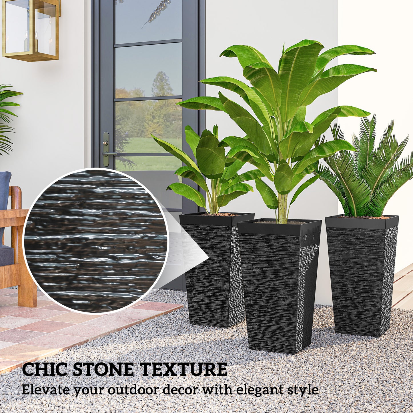 Set of 3 Outdoor Planting Pots with Wheels and Stone Finish - Stackable 22.8 Inch Black Garden Planters
