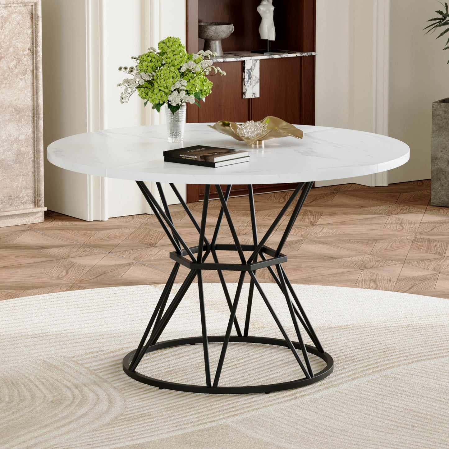 A Circular Dining Table With Diameter Of 47.3 Inches, Composed 4