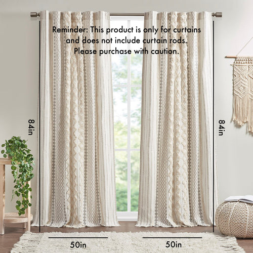 Ivory Cotton Printed Curtain Panel with Chenille Stripe - 50x84