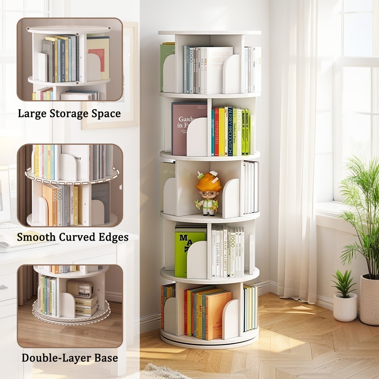 5 Tier Rotating Bookshelf, Display Round Spinning Space-Saving, Small