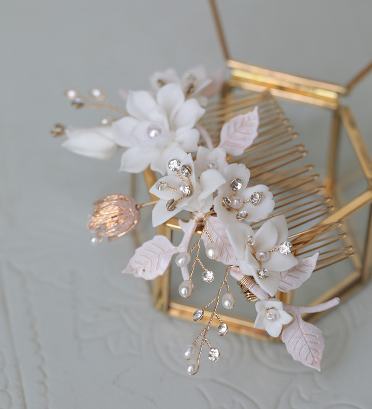 Ceramic Flower White Rhinestone Hair Comb