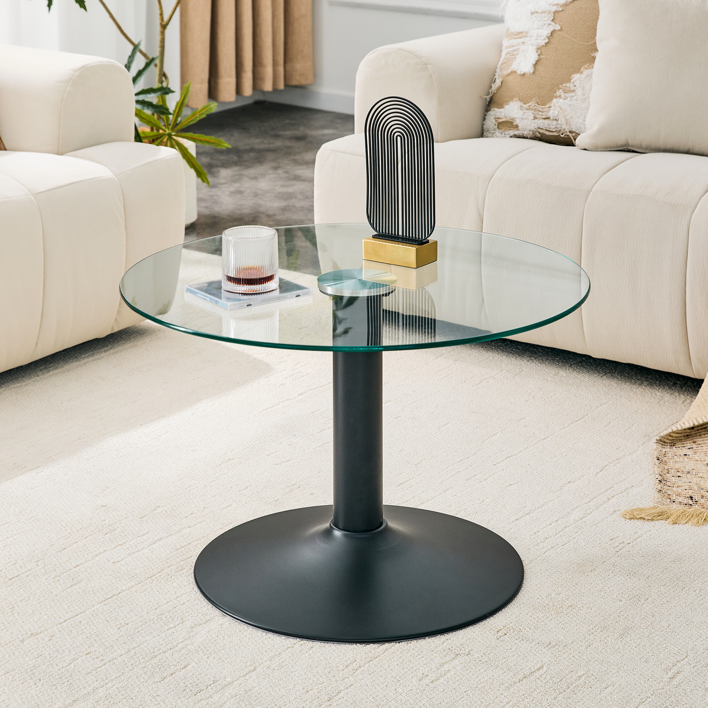 27.5-Inch Round Tempered Glass Coffee Table with Black Metal Base