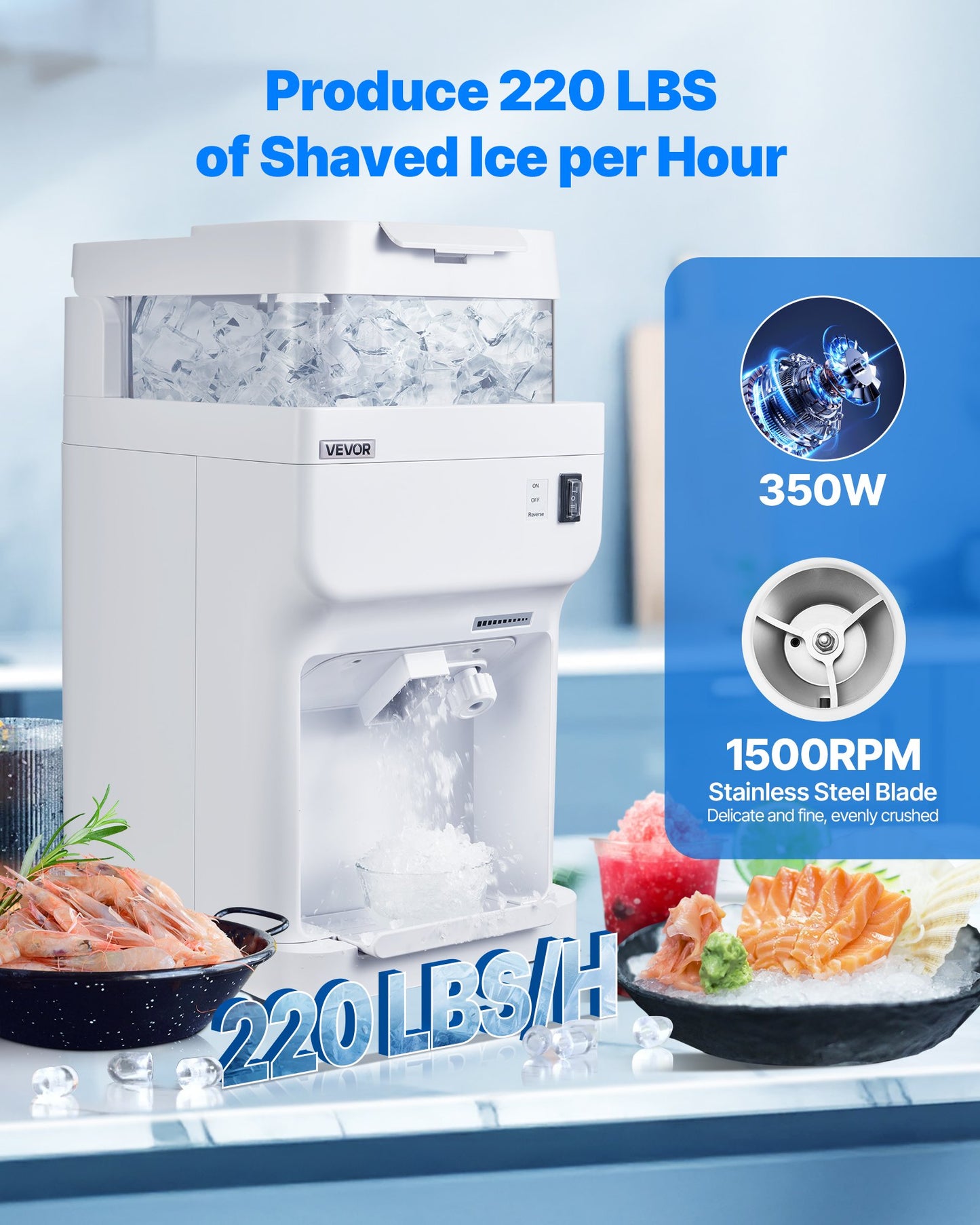 Electric Ice Shaver Snow Cone Maker 220LBS/H White Commercial Kitchen Appliance