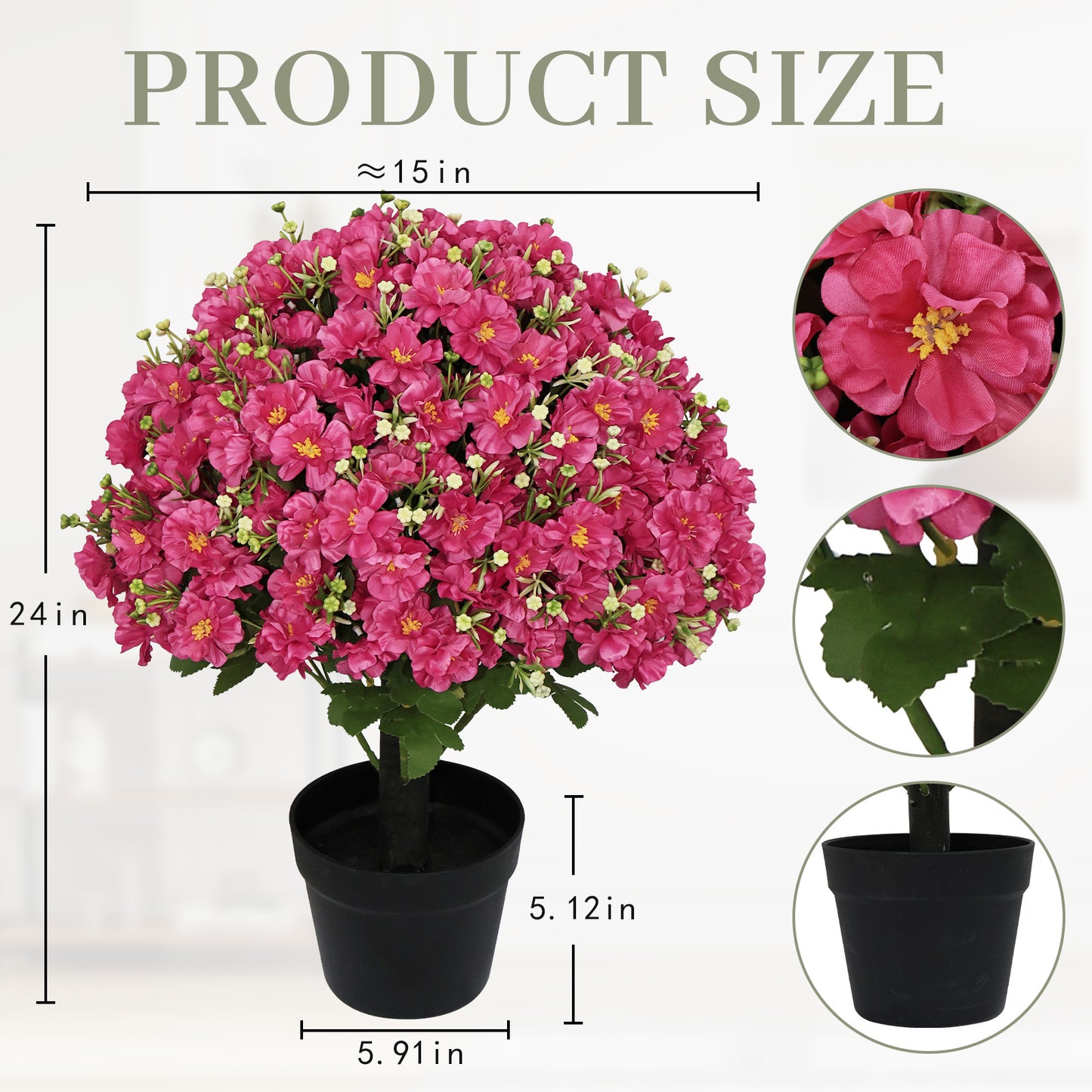24-Inch Faux Snow Lotus Potted Plant - Rose Red, UV-Resistant