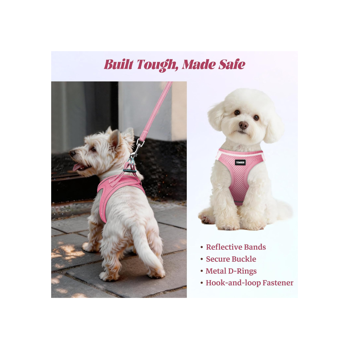 No Pull Dog Harness and Leash Set Reflective Mesh Vest - Pink, Adjustable, Safety