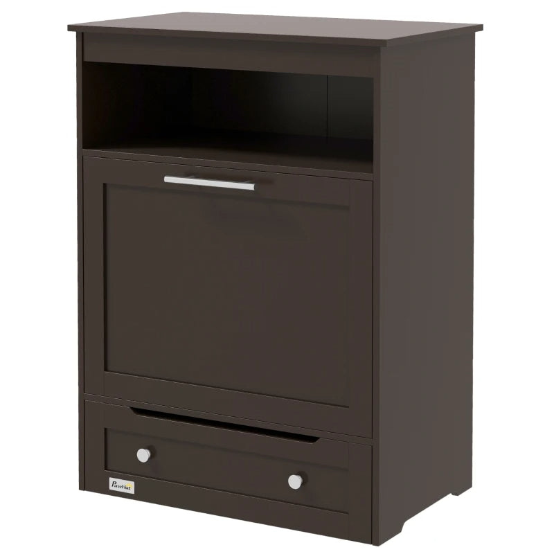 Dog Food Storage Cabinet with Elevated Bowls and Side Hooks - Brown
