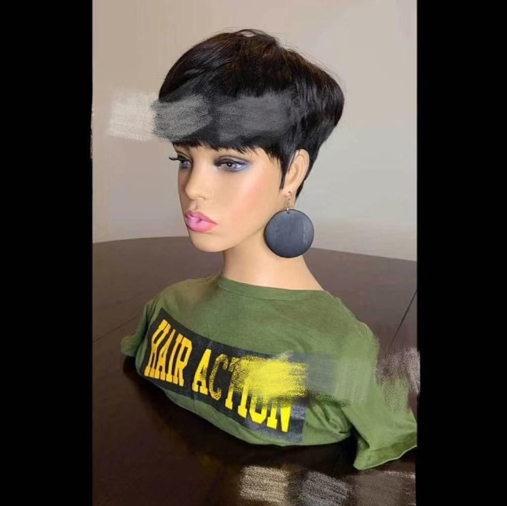 Short Cropped Fluffy Synthetic Wig for Men with Flat Bangs - Black, Green, Gold
