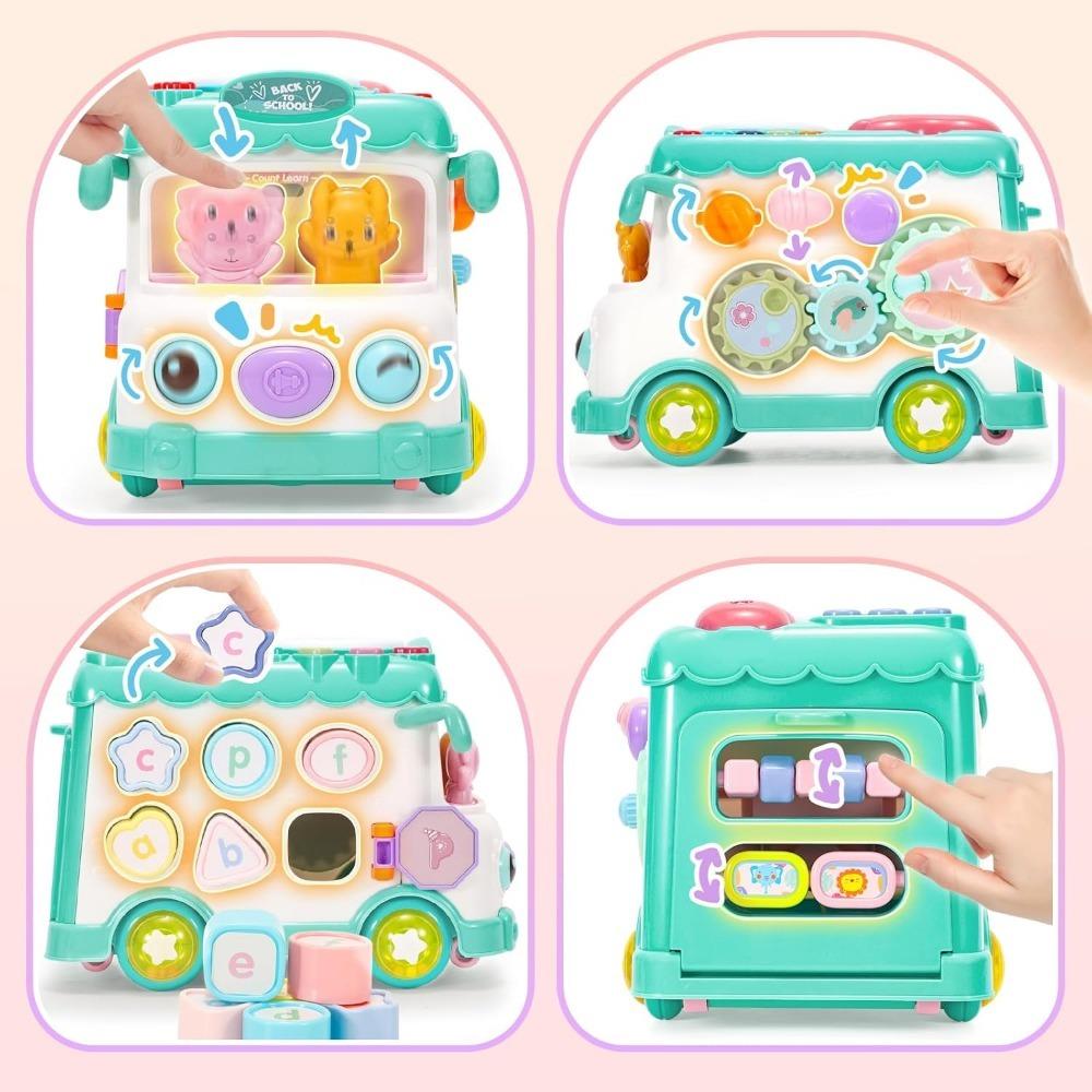 Baby Activity Bus Toy Set 6-in-1 Musical Learning Playset with Car & Building Blocks