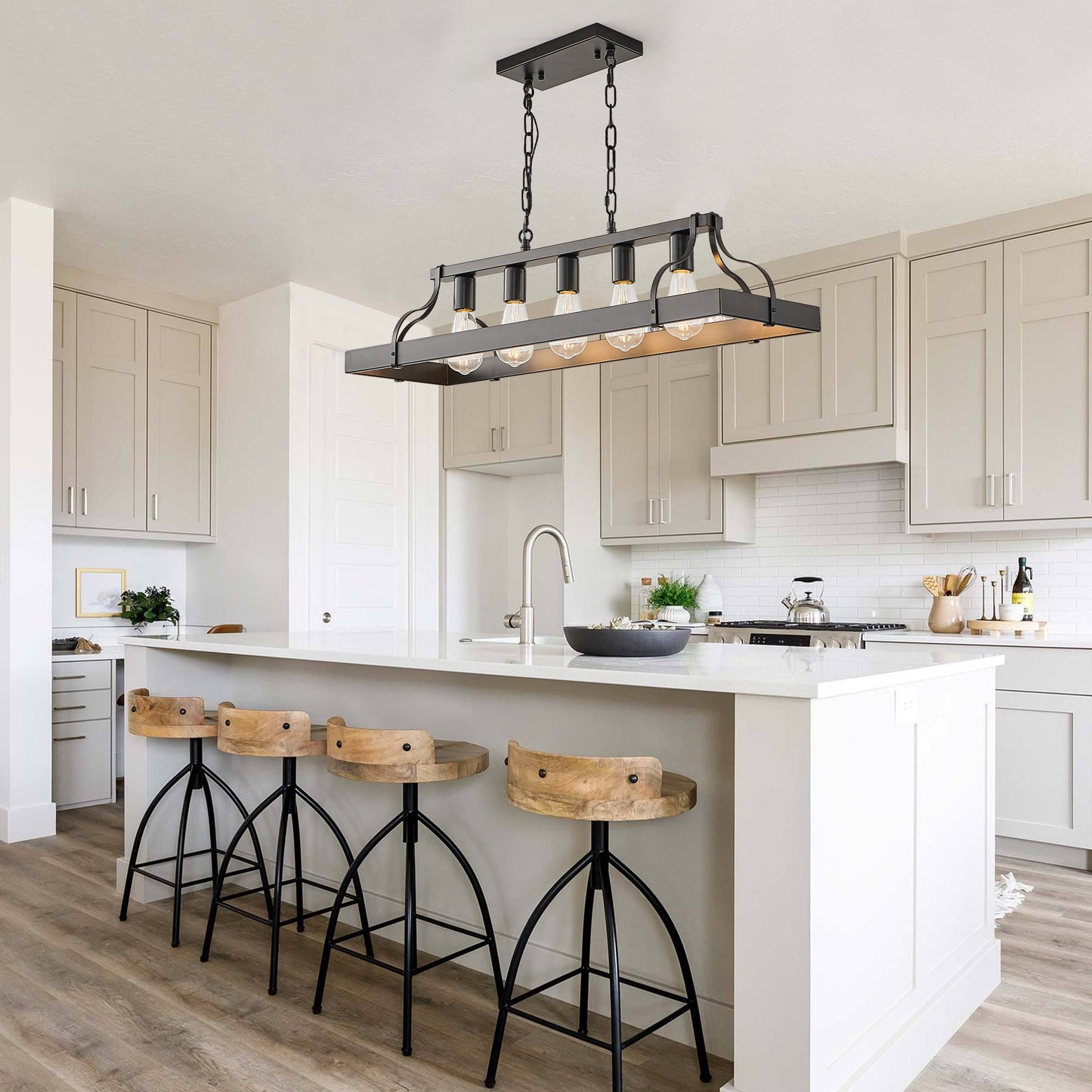 34-Inch Black Industrial Pendant Light with 5 E26 Sockets - Adjustable Height Chandelier