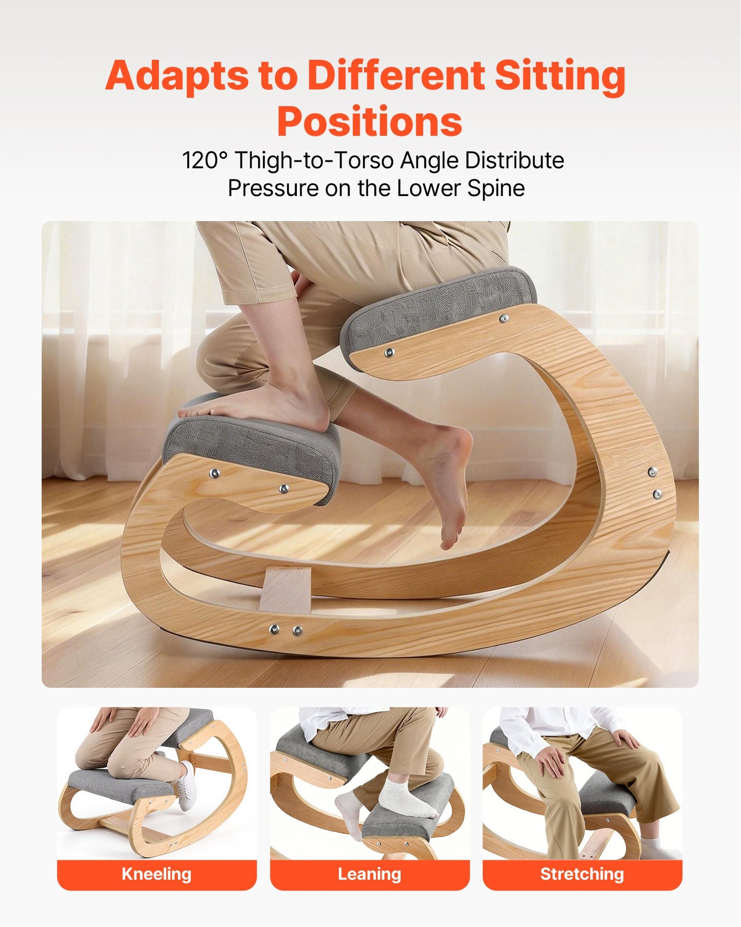 Ergonomic Kneeling Chair with Wooden Frame & Thick Foam Cushions - Adjustable Height for Posture & Back Pain Relief, Gray