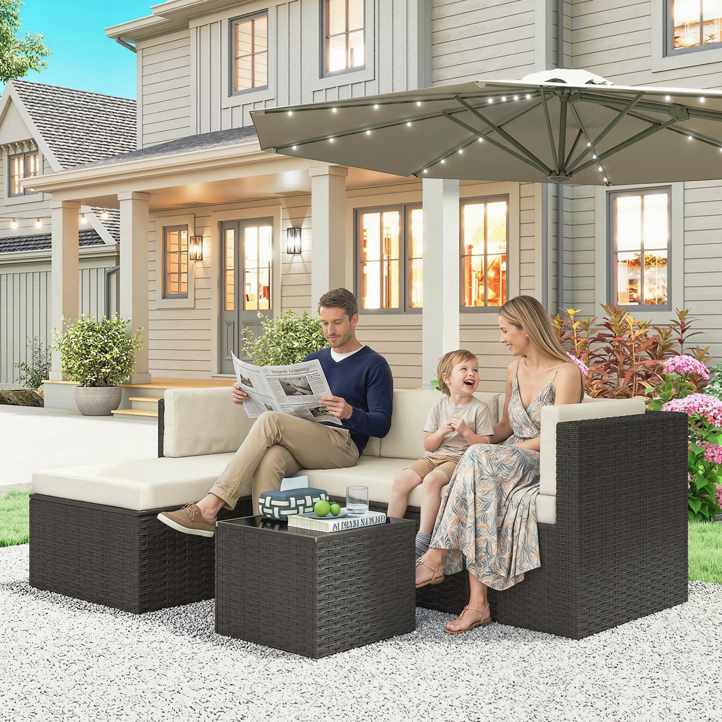 3-Piece Wicker Patio Furniture Set with Cushions & Glass Table - Beige