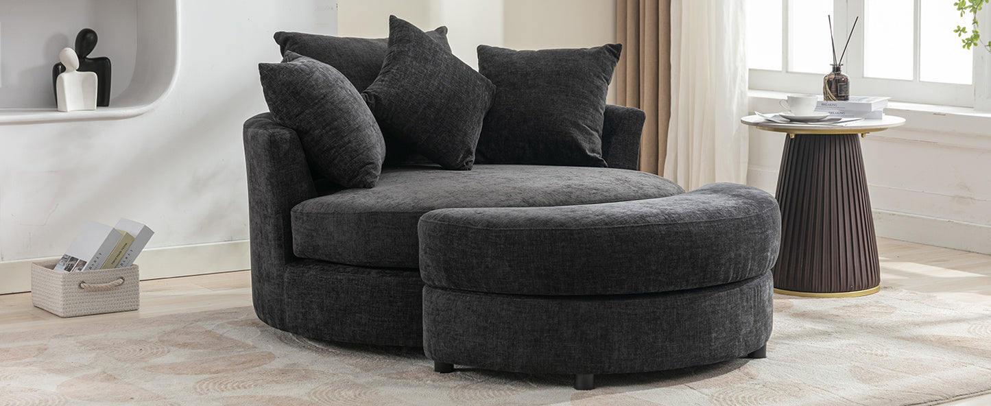 360° Swivel Accent Barrel Chair with Storage Ottoman & 4 Pillows - Gray