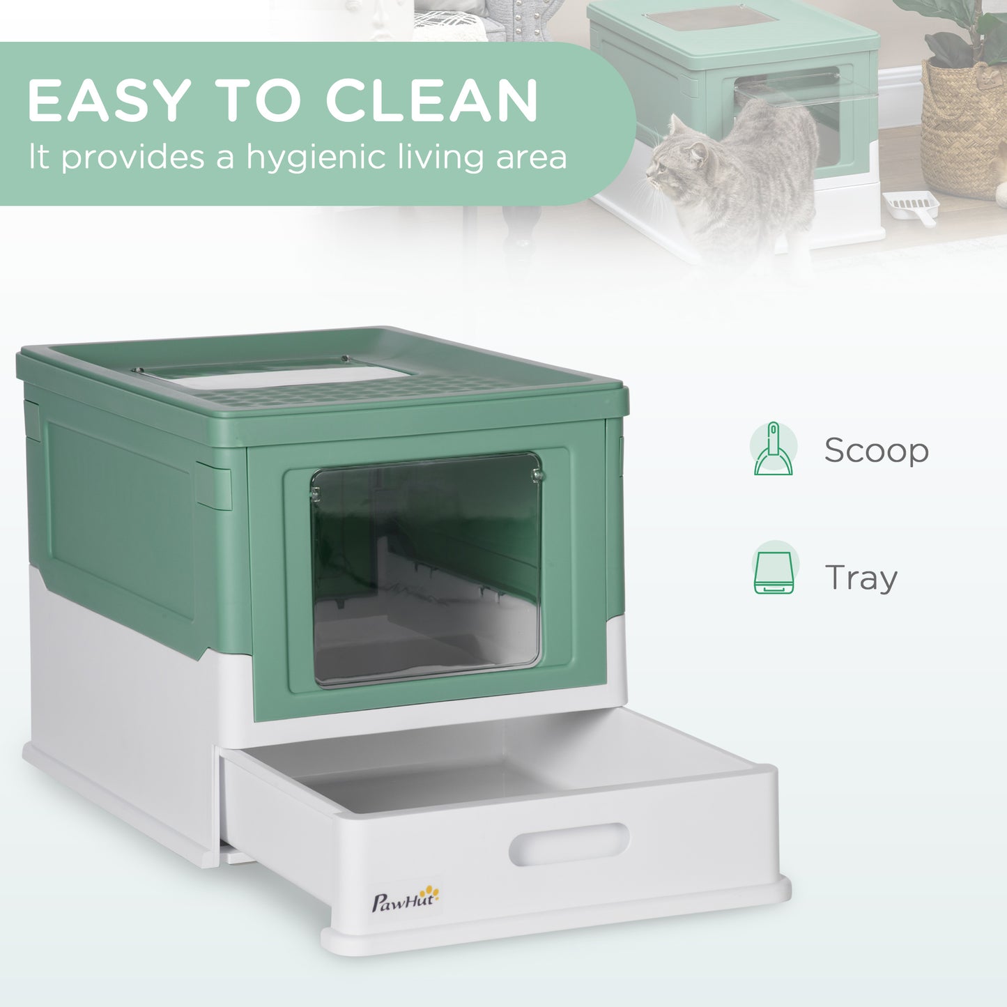 Enclosed Cat Litter Box with Front Entry Top Exit, Green & White, Large