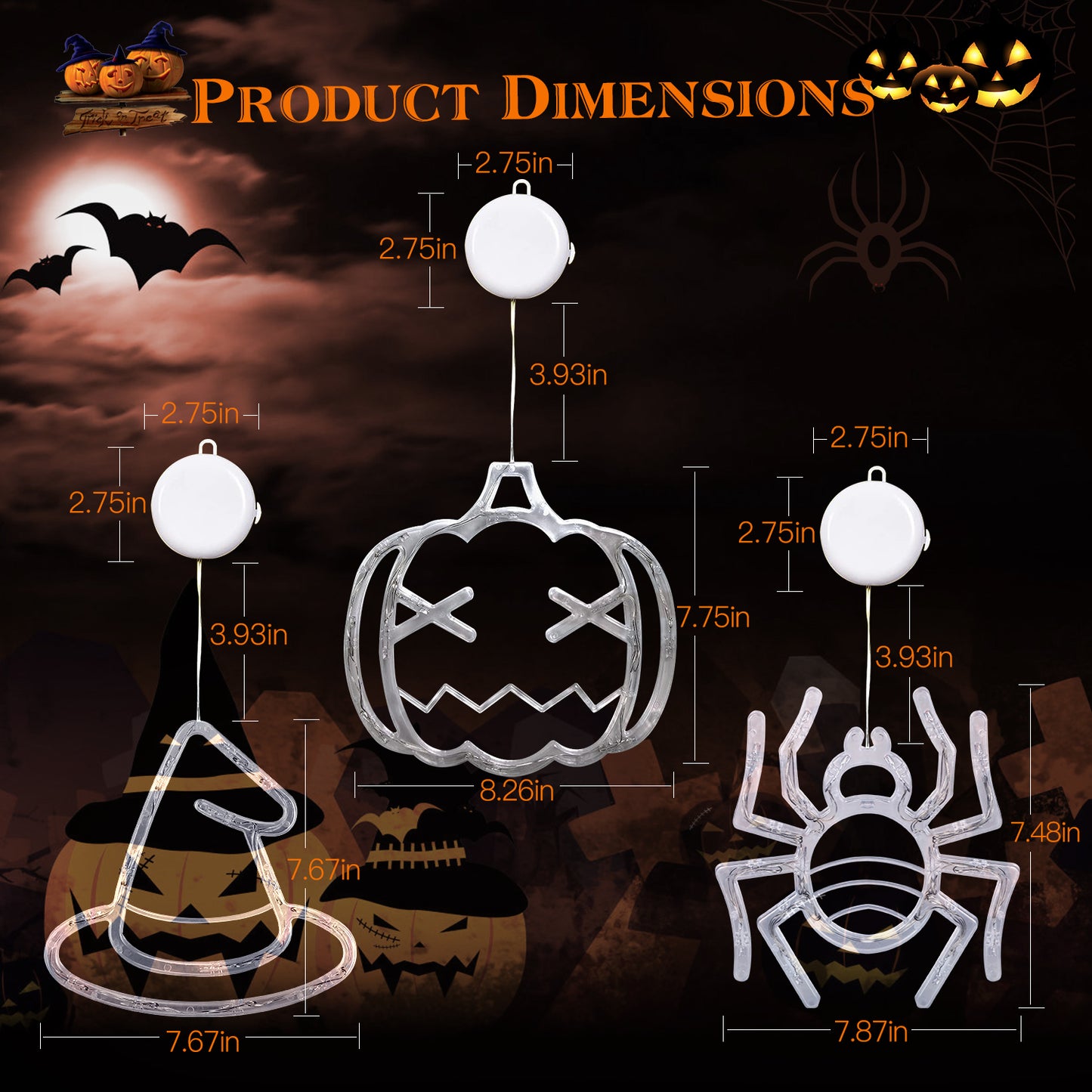 Halloween Window Light Decoration Set - 3 Pack with Spider, Witch Hat & Pumpkin
