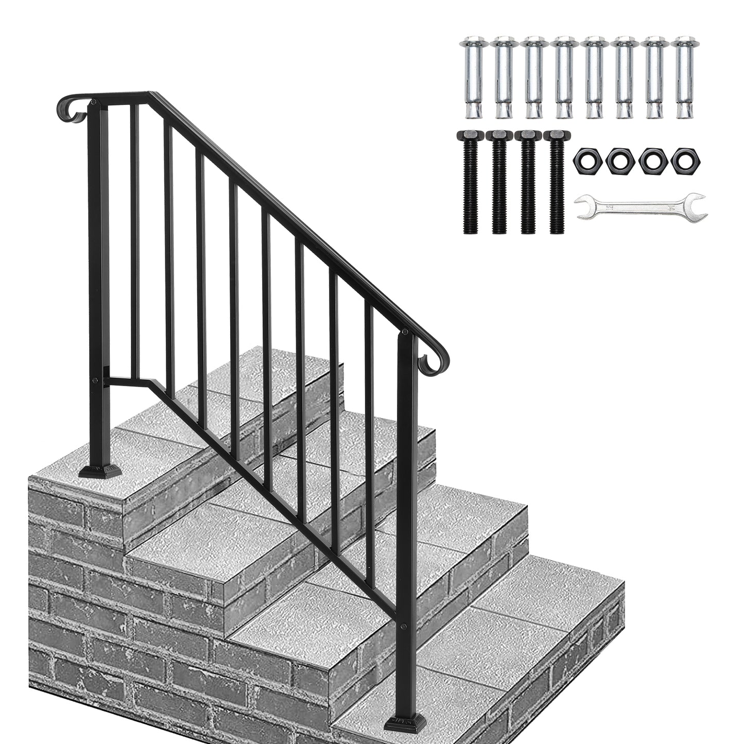 Black Wrought Iron Outdoor Stair Handrail for 3 or 4 Steps - Garden & Patio Railing with Installation Kit
