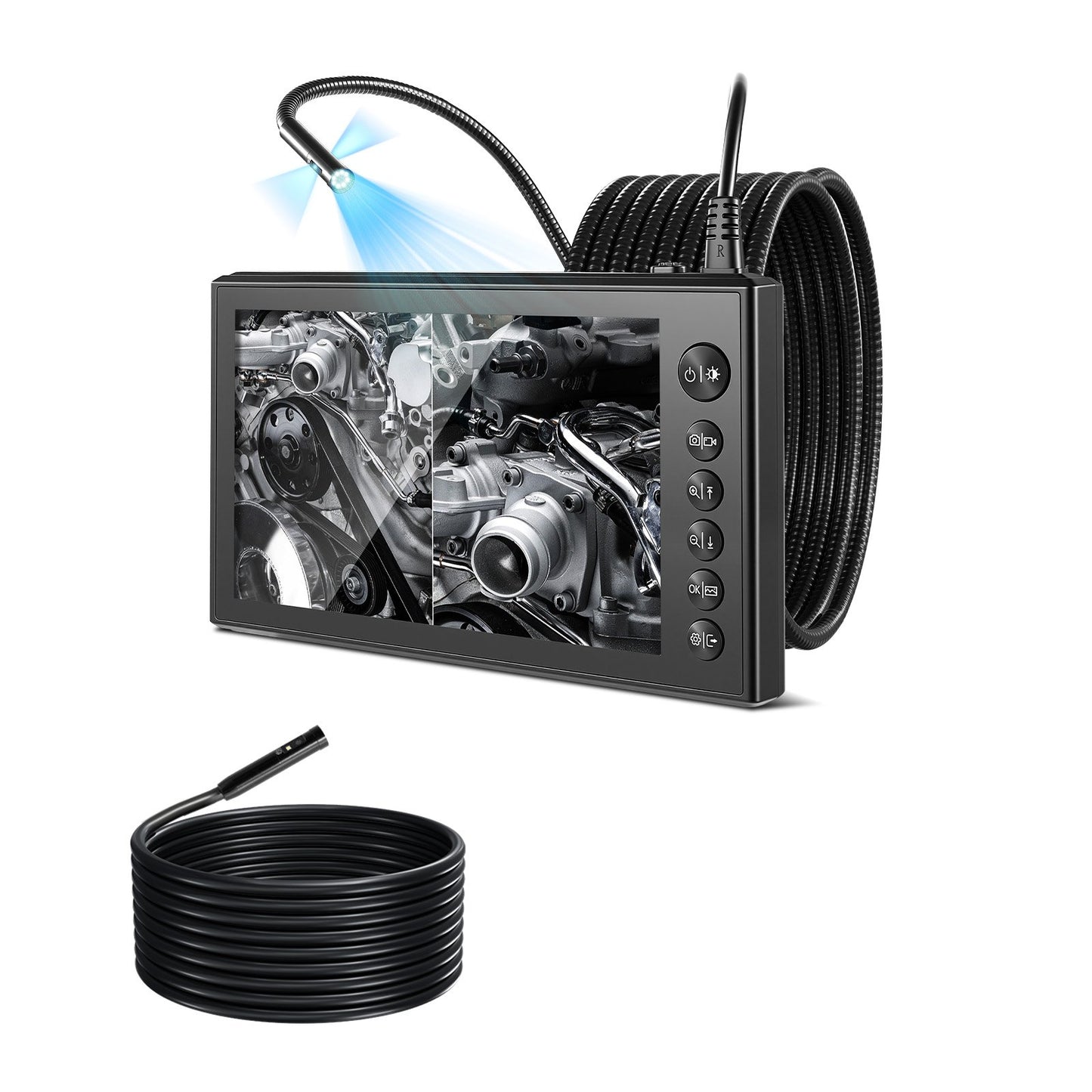 Industrial Borescope Endoscope with 8X Zoom, HD Split Screen, 16.4ft Waterproof Snake Camera