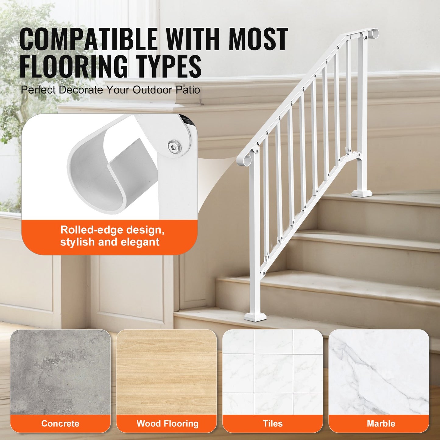 Outdoor Handrail for Porch and Deck Safety - White, 3-4 Step