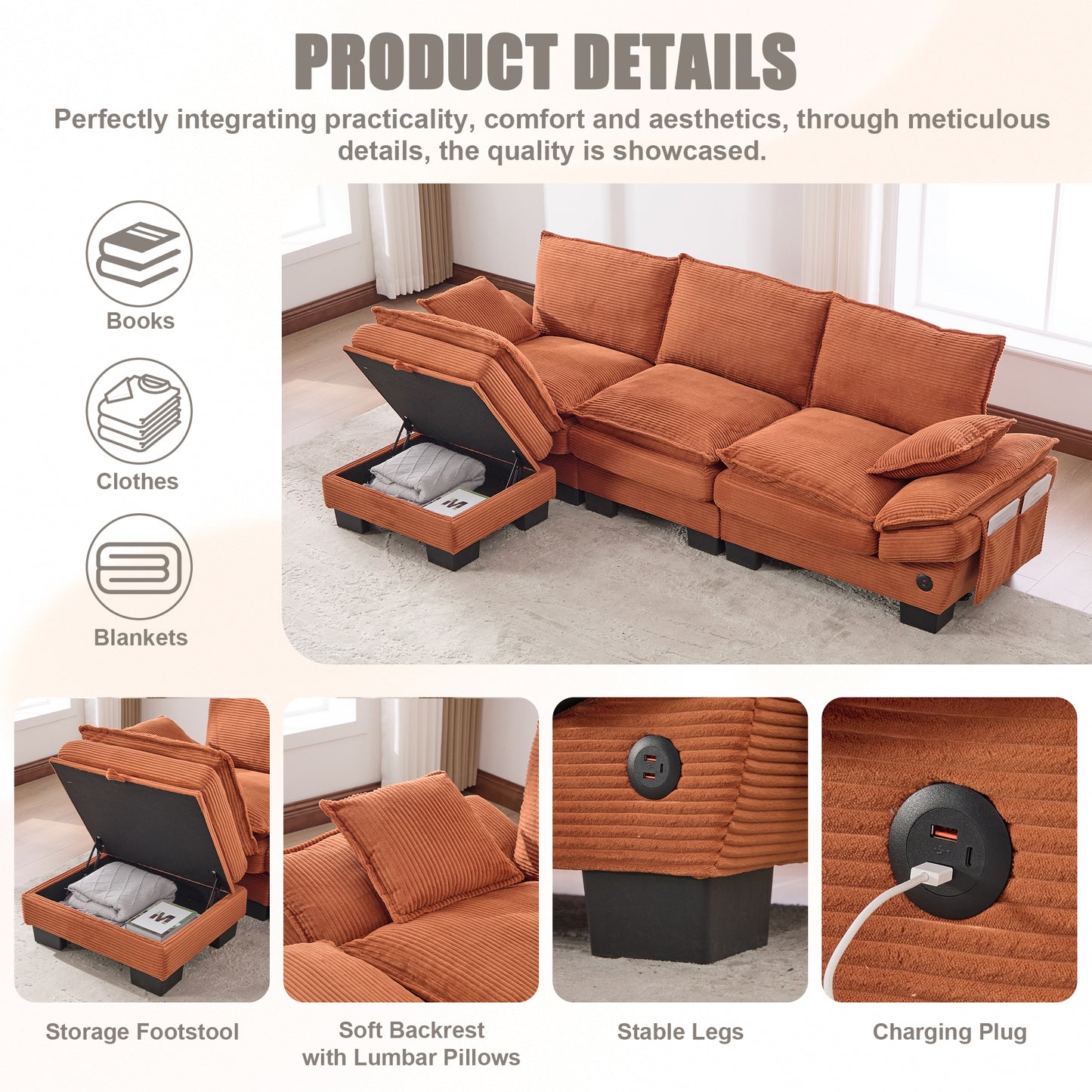 Modular Footstool in Orange Corduroy - Versatile Sofa Accessory