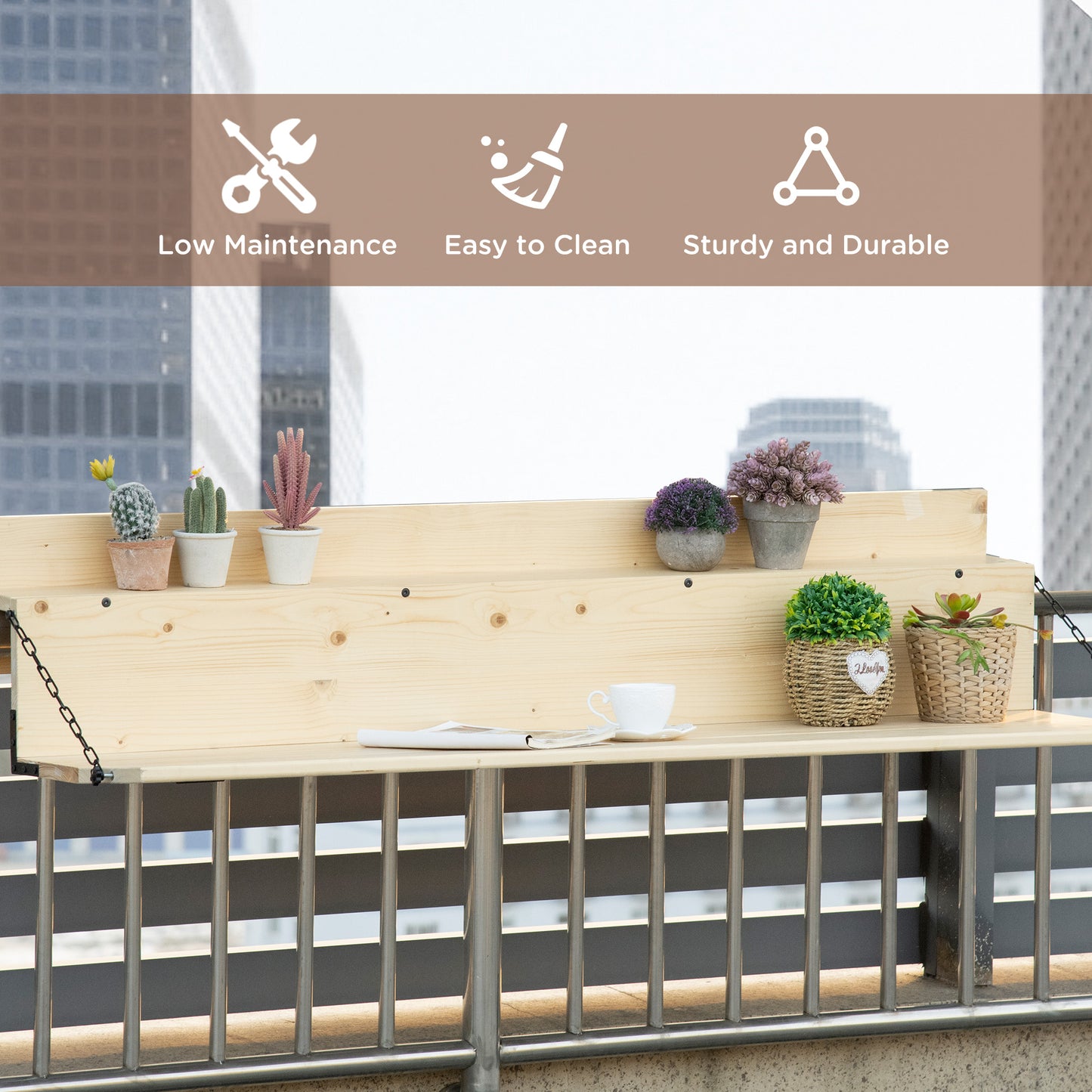 Foldable Spruce Wood Balcony Table for Railing - Natural