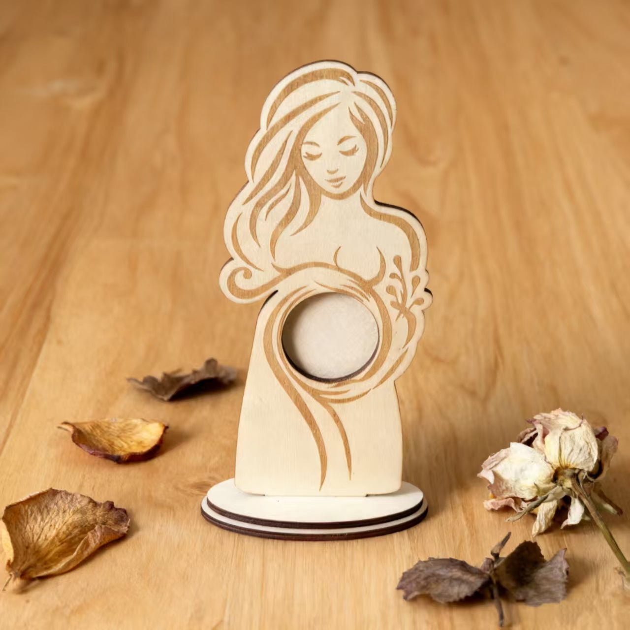 Wooden Pregnant Woman Photo Frame Stand - Maternity Keepsake Decor