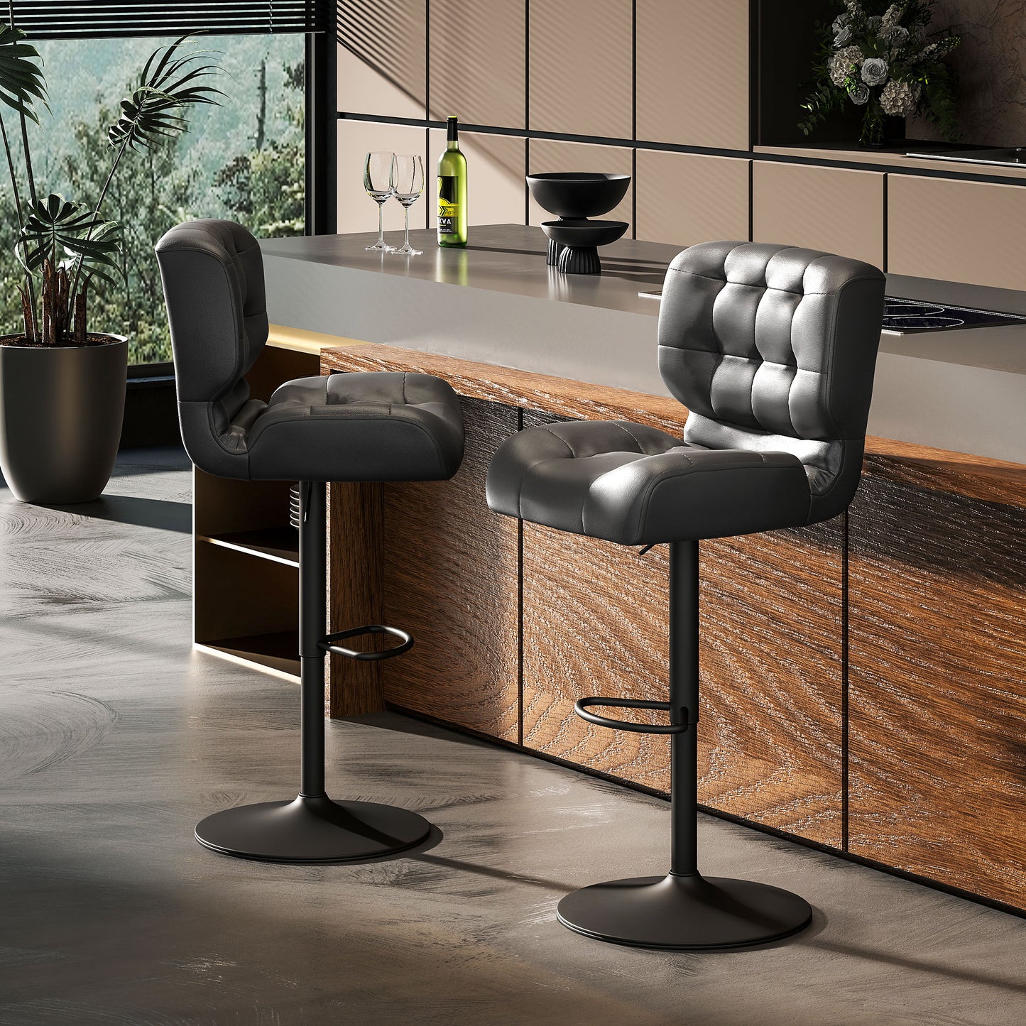 Adjustable Bar Height Stools Set of 2 with Padded Cushion - Black