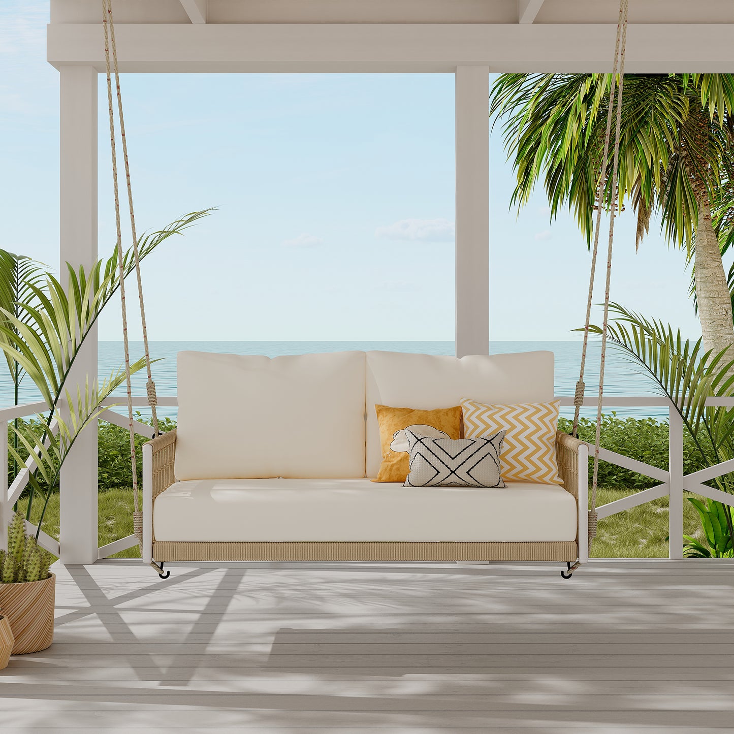 Woven Rope Outdoor Swing Sofa with Soft Cushions for 2 - Beige