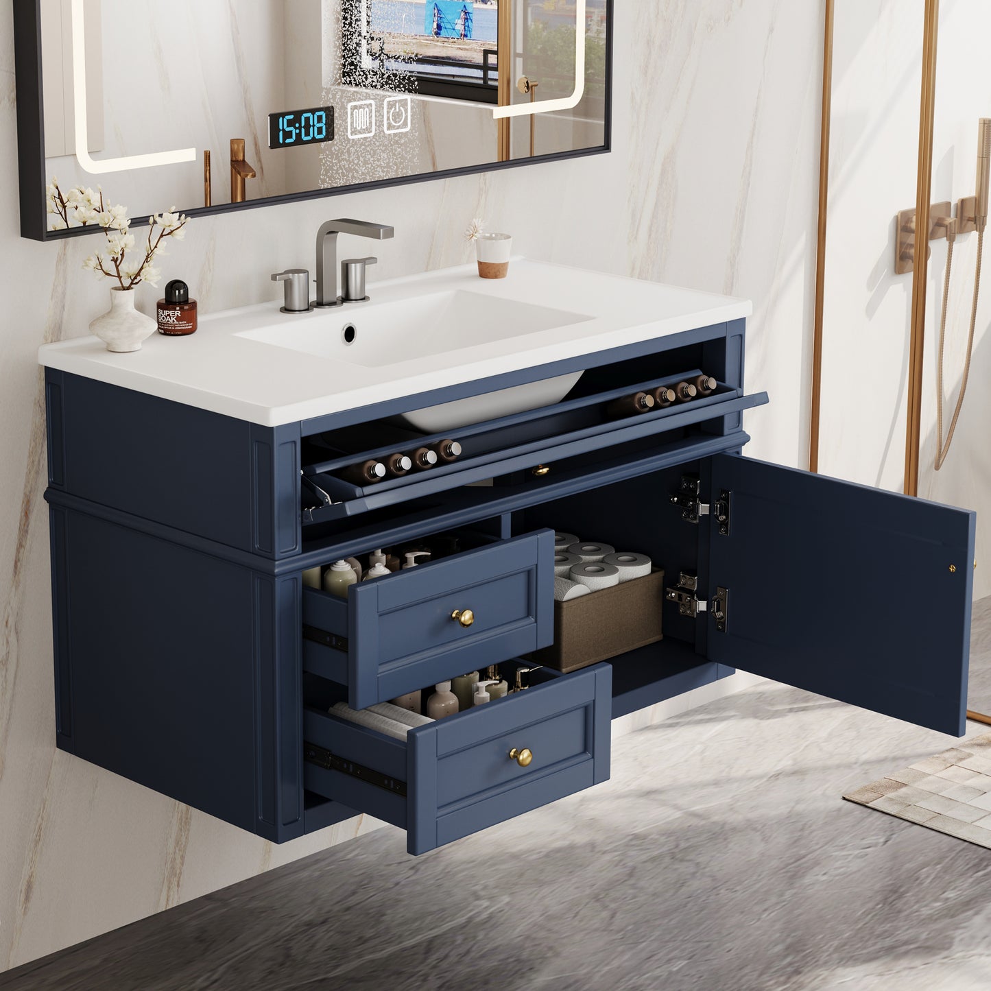 36-Inch Wall Mounted Bathroom Vanity with Ceramic Sink - Blue