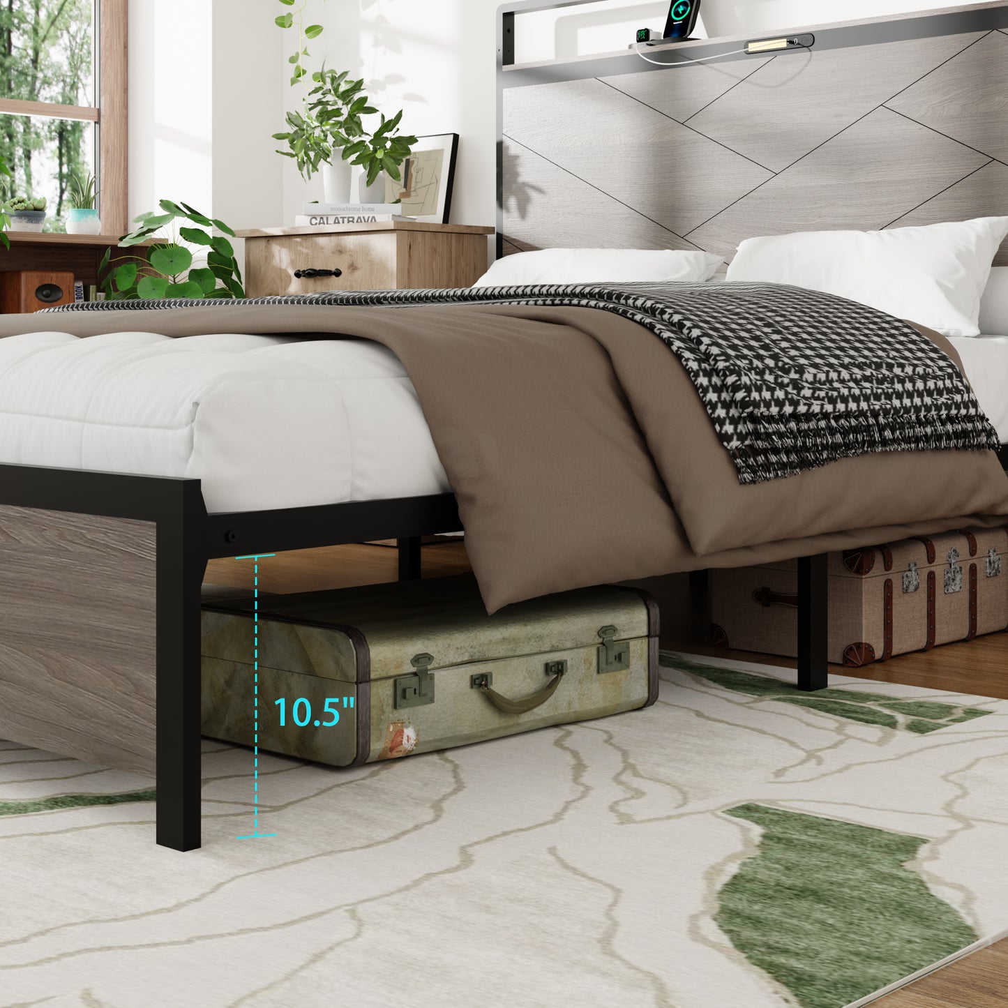 Full Metal Bed Frame with LED Headboard & USB Charging - Antique Gray