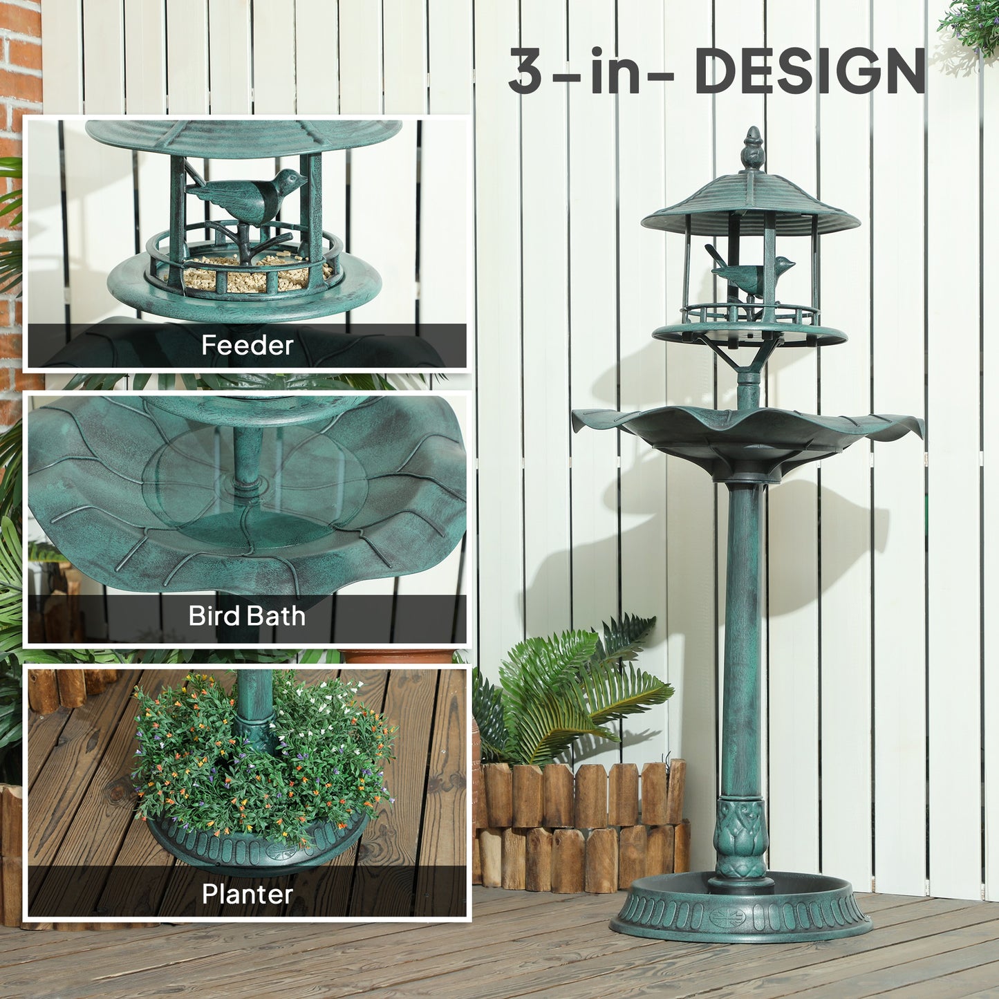 3-in-1 Garden Bird Bath with Feeder and Flower Planter - Green
