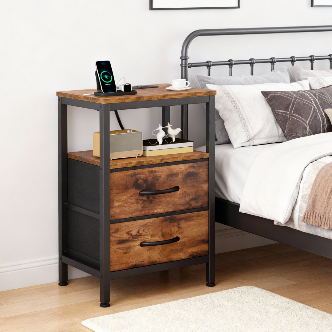 Compact Bedside Table with Charging Station & Fabric Drawers - Brown