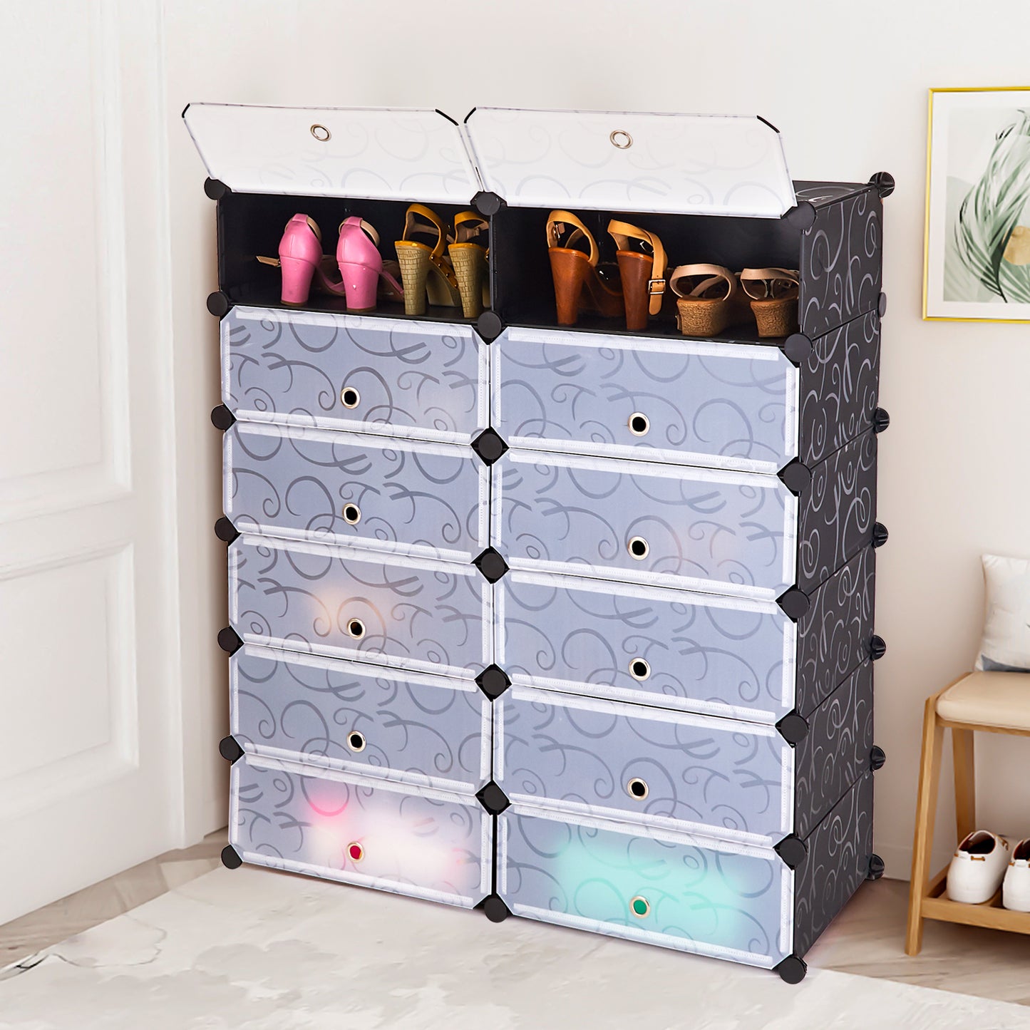 12-Cube Portable Plastic Shoe Rack with Transparent Doors