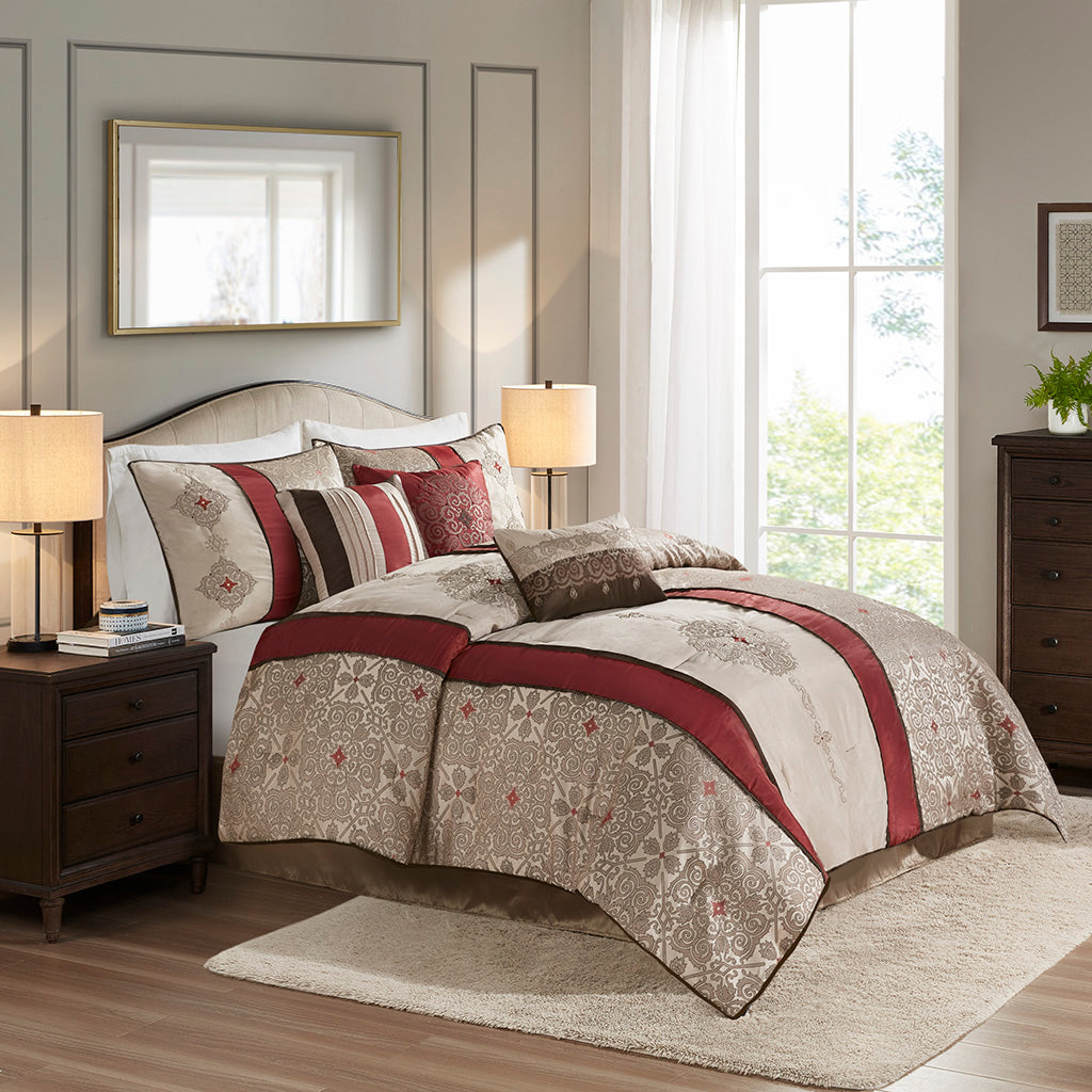 Queen 7 Piece Jacquard Comforter Set With Throw Pillows