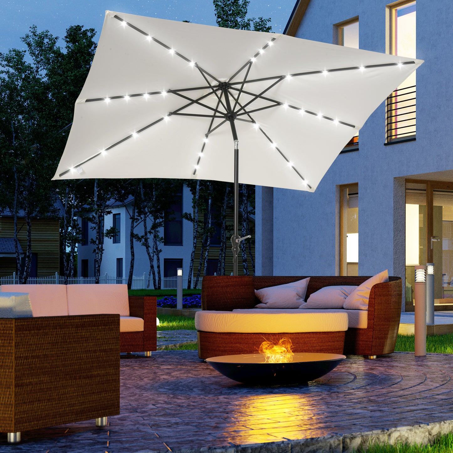 9x7 Ft Patio Umbrella with Crank and Solar LED Lights - White