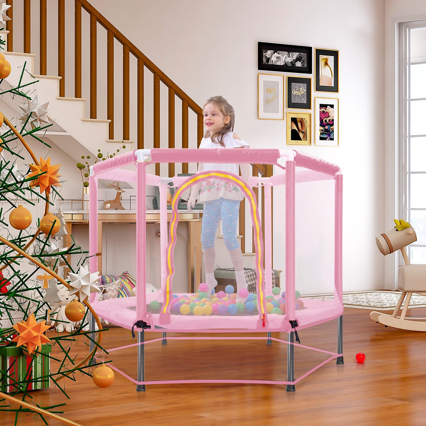 55 Toddlers Trampoline With Safety Enclosure Net And Balls, Indoor