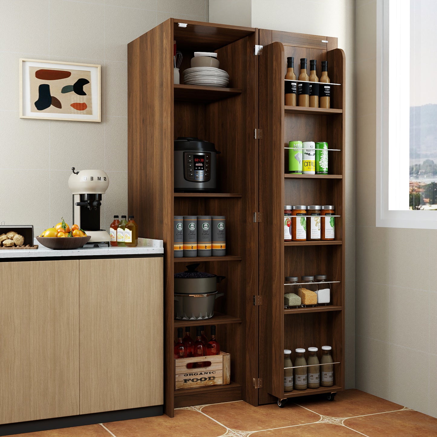 Walnut Kitchen Pantry Cabinet - Freestanding Sideboard with Doors & Shelves