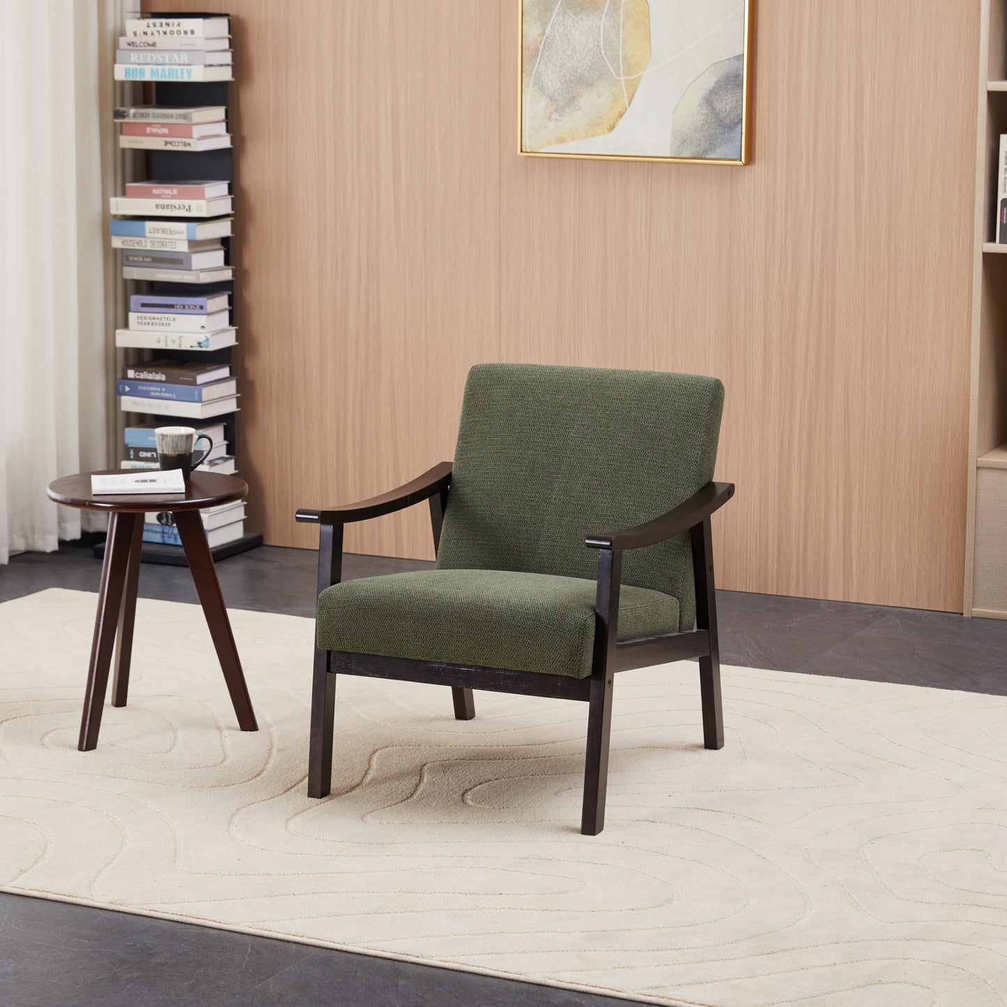 Antique Green High Back Armchair - Solid Wood Legs