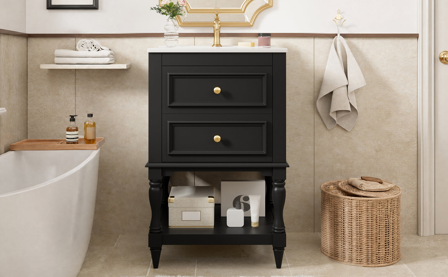 20'' Black Bathroom Vanity with Ceramic Sink & 2 Drawers